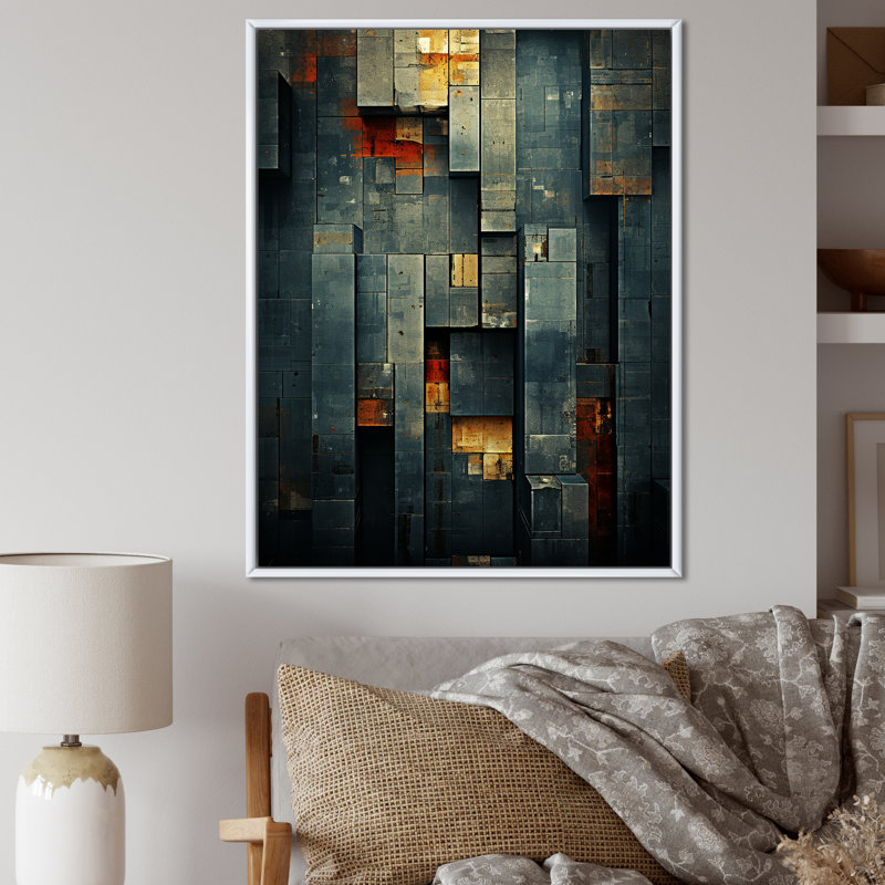 City Blue Retro Minimalisme - impressions géométriques murales modernes, H 40 po x l 30 po x P 1,5 po, Cadre flottant blanc