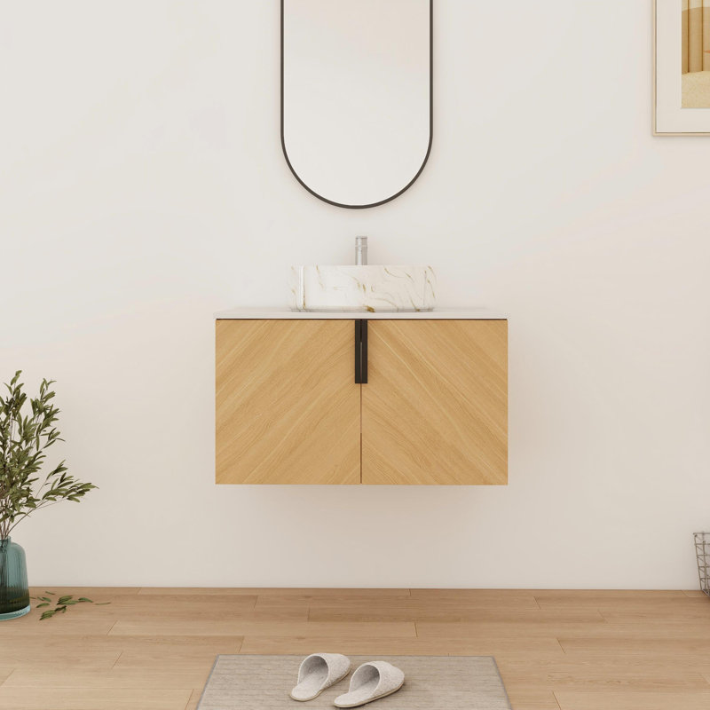 Meuble-lavabo mural simple 30 po avec comptoir en céramique, Blanc / marbre doré
