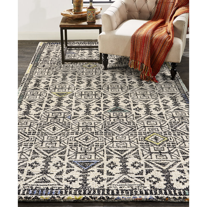 Tapis marocain rectangulaire en laine touffeté à la main gris / ivoire / noir Kaylianna, Rectangle 8 pi x 11 pi