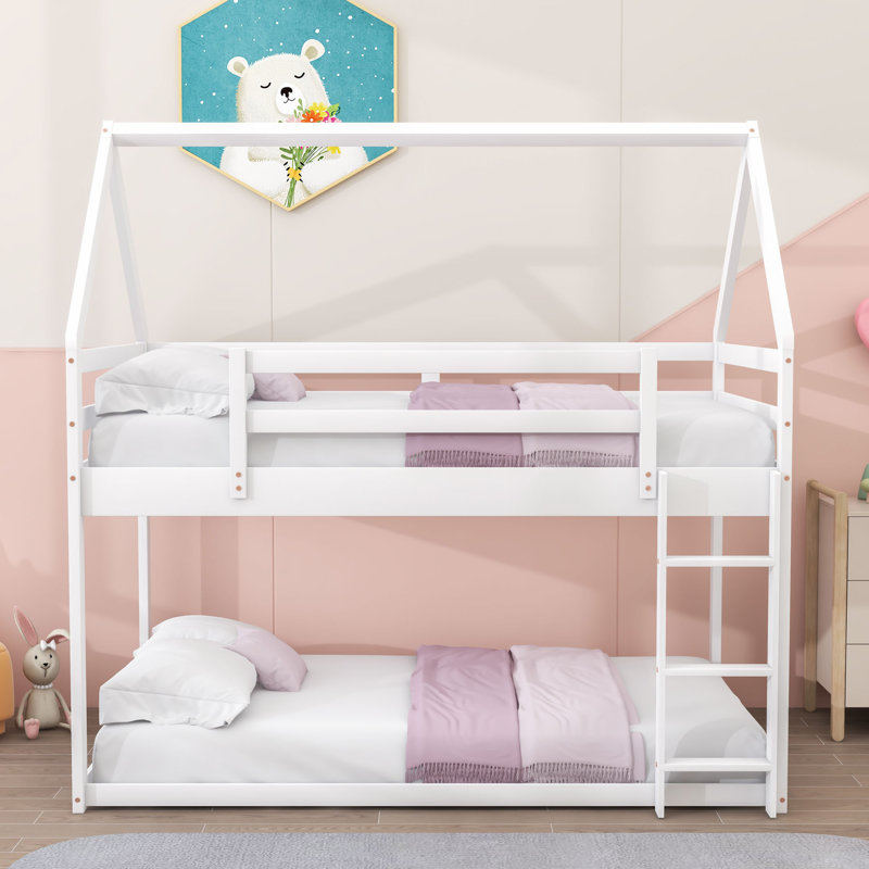 Twin Over Twin Bunk Bed With House-Shaped Frame And Ladder, White