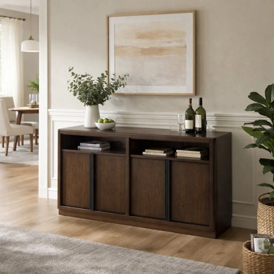 Buffet Dely, 4 portes d'armoire avec 2 tablettes ouvertes, brun foncé, 60 po