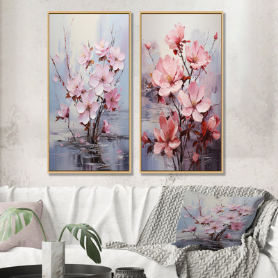 Ensemble de salon rose et gris avec fleurs de sérénité I - Fuschia