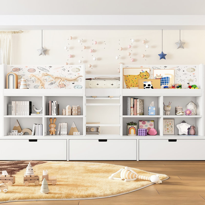 Lit mezzanine bas simple blanc avec rangement pour et articles essentiels, rideau, tableau noir, lit idéal pour chambres à coucher, blanc, tablettes à plusieurs rangements, aucun sommier requis