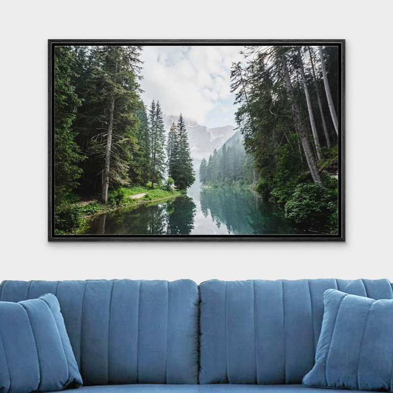 Lake  River Landscape " Fall Green Forest with Lake Reflection " Graphic Art Print, 16" H x 24" W x 1.5" D, Black Frame