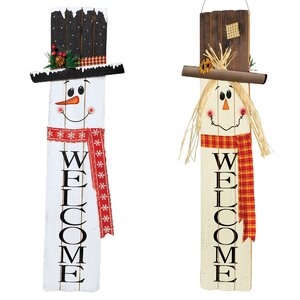The Holiday Aisle® Dual-Sided Seasonal Snowman and Scarecrow Welcome ...
