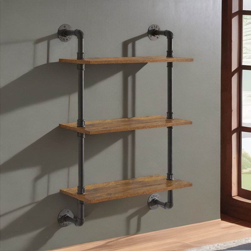 Canica 3 Tier Pipe Floating Shelves Industrial Rustic Brown Home Wall Décor