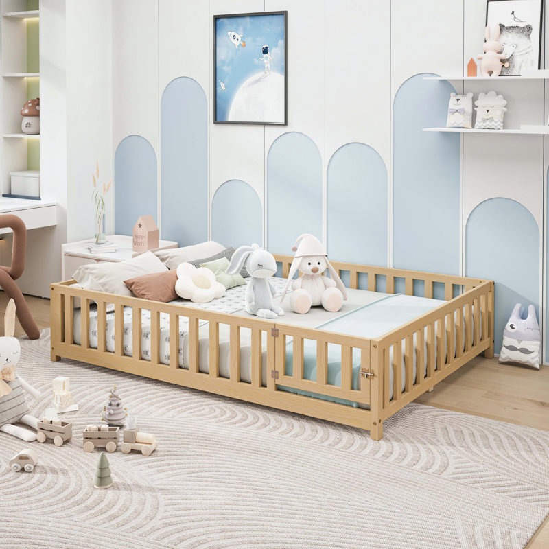 Full Size Floor Platform Bed with Fence and Door for Kids, Montessori Floor Bed Frame with Support Slats for Toddlers, Wooden Floor Bed Natural