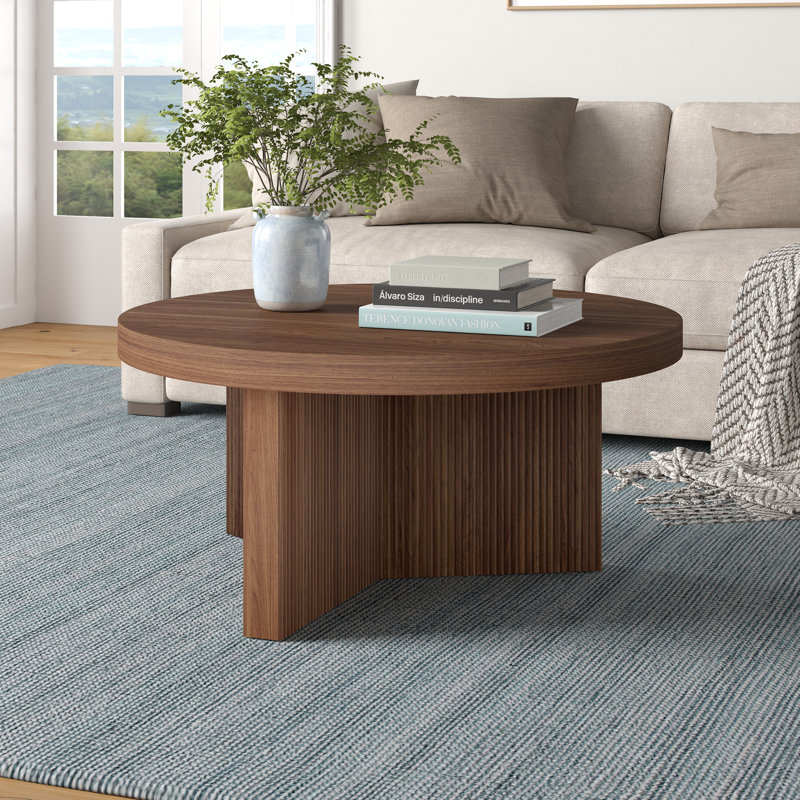 32" Wide Round Coffee Table with Fluted Base — Satin Walnut Scandinavian MDF Center Table for Living Room | Holm