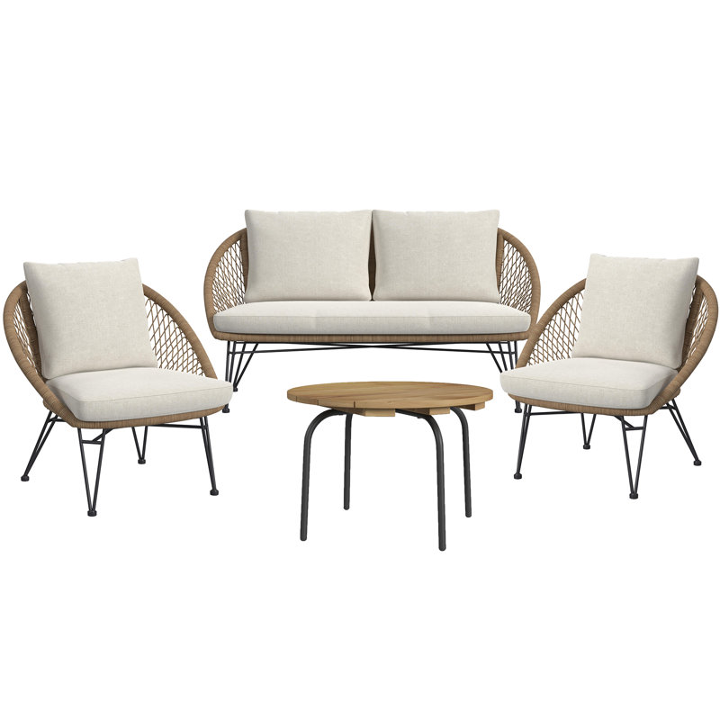  Lilly Outdoor Seating 4PC Set - Black, Natural and Olefin Beige