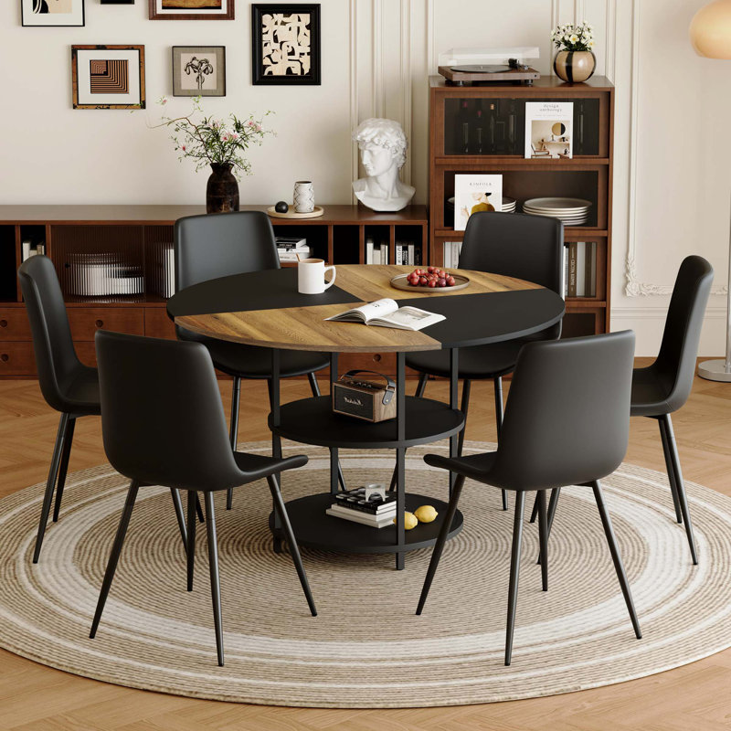 Ensemble de table et de chaises, table de salle à manger circulaire épissée de couleur moderne avec rangement double couche, jumelée à 6 chaises en polyuréthane artificiel avec coussins arrondis