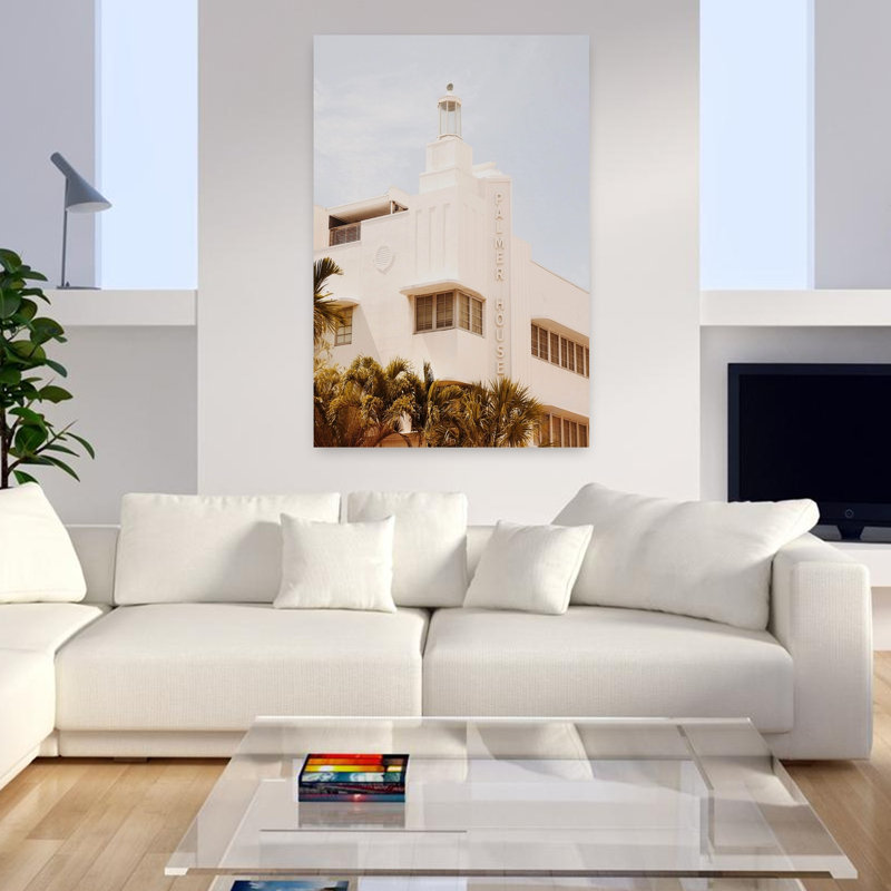 Art tropical, bâtiment rétro Art déco, palmier abstrait rétro, art mural plage, H 48 po x l 32 po