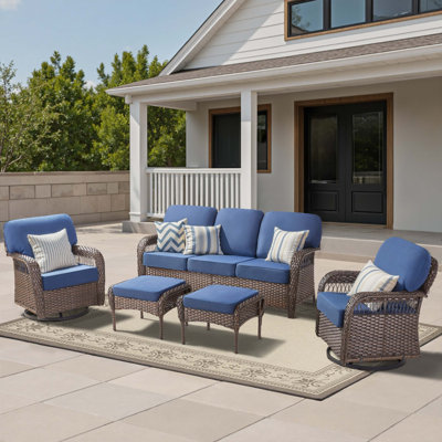 5-Piece Outdoor Patio Furniture Set with High-Back Swivel Rocker Chairs, Deep-Seating Sofa, and T-Shape Back Cushions for Superior Support and All-Weather Durability.