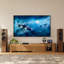Meuble télé 78,75 po –106,3 po de style Mid-Century avec lumières DEL, console média avec plateau en travertin mat, console de couleur noyer et blanche avec rangement-1973325415