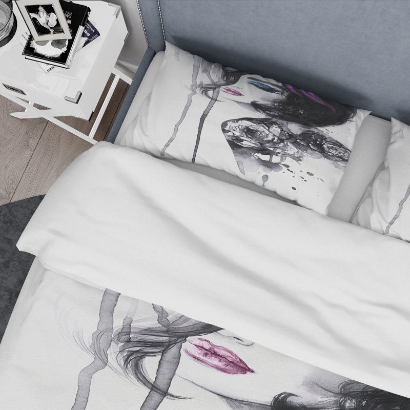 Ensemble de housse de couette en microfibre blanc / gris, Housse de couette pour grand lit et 2 taies décor