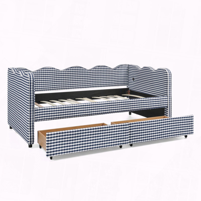 Gingham Daybed Storage Drawers USB Port Wave Shaped, Twin, Navy