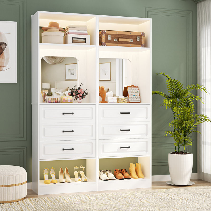 Freestanding Closet System with Drawers and Mirror, White