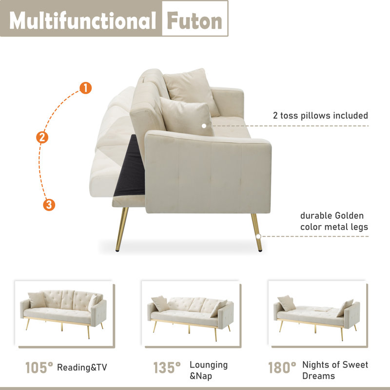 Ebelina Twin 67.7'' Velvet Convertible Sofa, Beige Velvet
