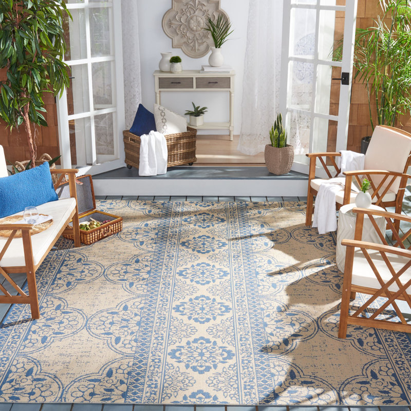Tapis intérieur / extérieur bleu / crème Danya, Rectangle 4 pi x 6 pi