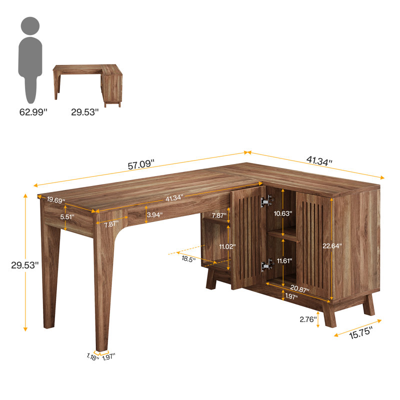 144.8Cm W L-Shaped Writing Desk and Cabinet, Walnut
