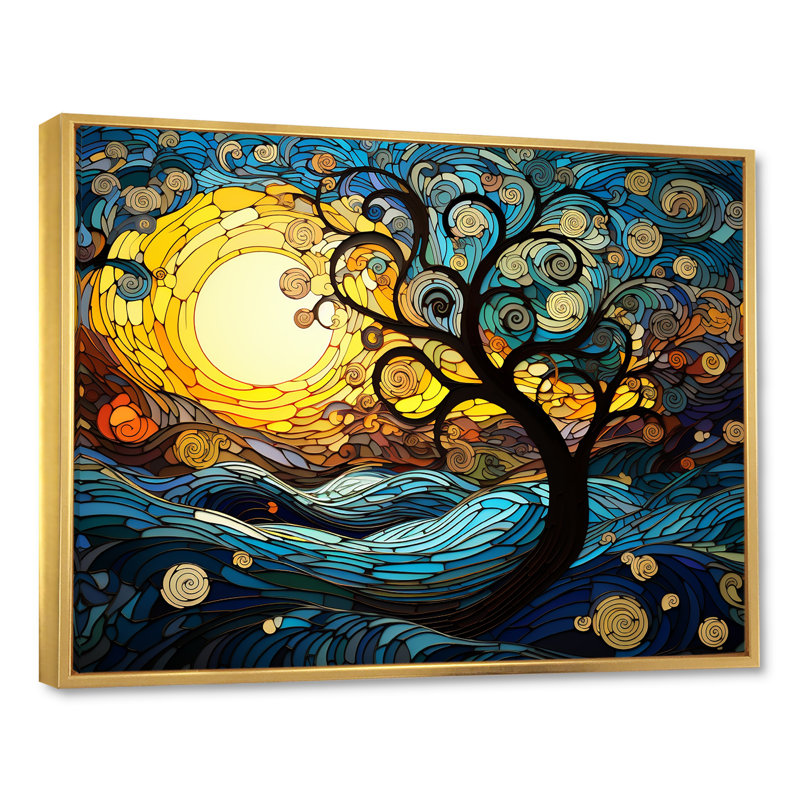 Blue And Yellow Nature Magic Tree - Tree Wall Art, 34" H x 44" W x 1.5" D, Gold Floater Frame