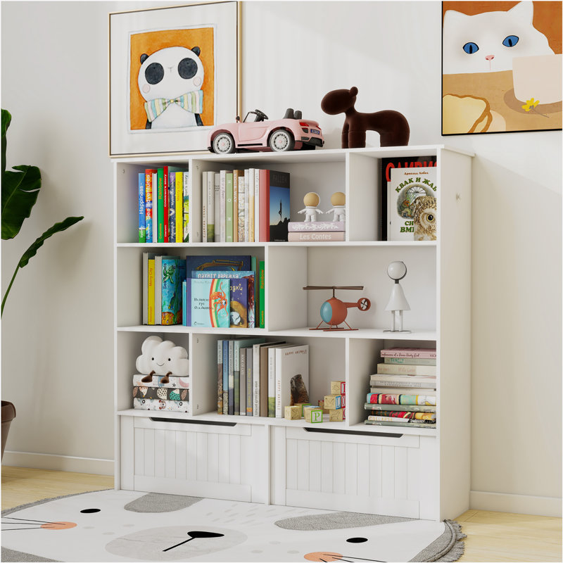 Toy Storage Organizer with 2 Movable Drawers, Multi-Functional 7 Shelf Kids Bookcase with 2 Hooks, Children Book Shelf for Kids Room