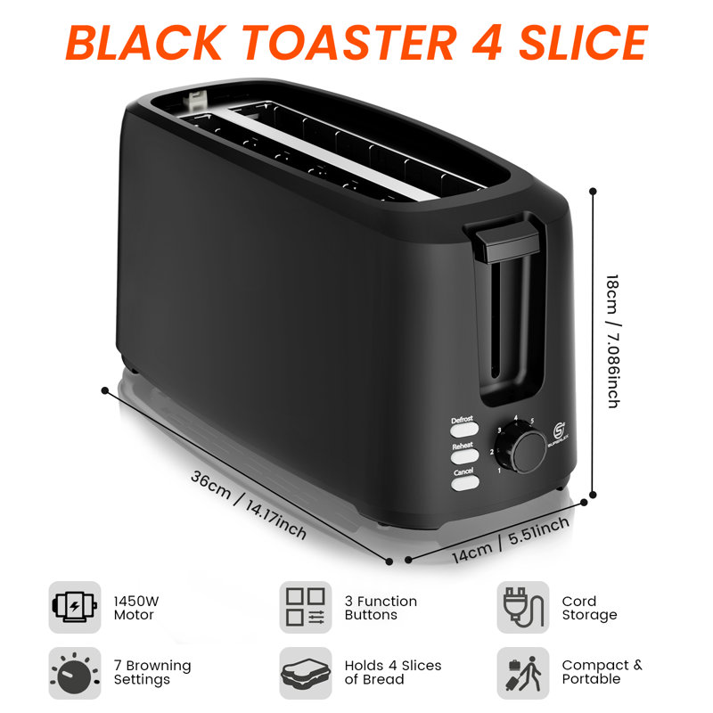 SUPERLEX 4-Slice Long Slot Toaster, 1450W Extra Wide with 7 Browning | Reheat, Defrost & Cancel Functions, Removable Crumb Tray, for Artisan Bread, Baguettes & Thick Slices, Matt Black