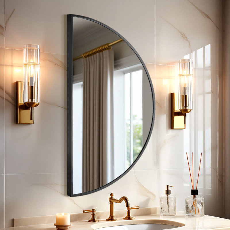 Arched Aluminum Frame Wall Mirror with Tempered Glass for Bathroom, Living Room, Entryway, Black, 20" H x 40" W x 0.70" D