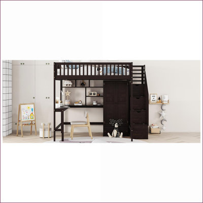 Armoire-penderie pour lit double pleine grandeur avec bibliothèque et tiroirs de bureau Pinewood