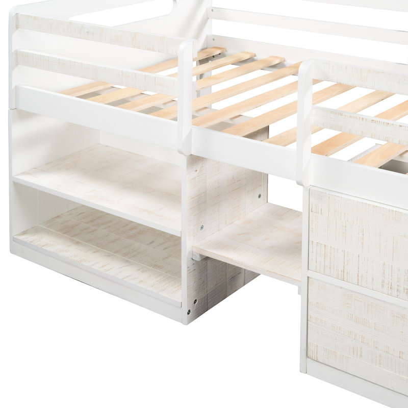 Lit mezzanine simple antique blanc avec deux tablettes et tiroirs pour le rangement de la chambre à coucher en tout confort