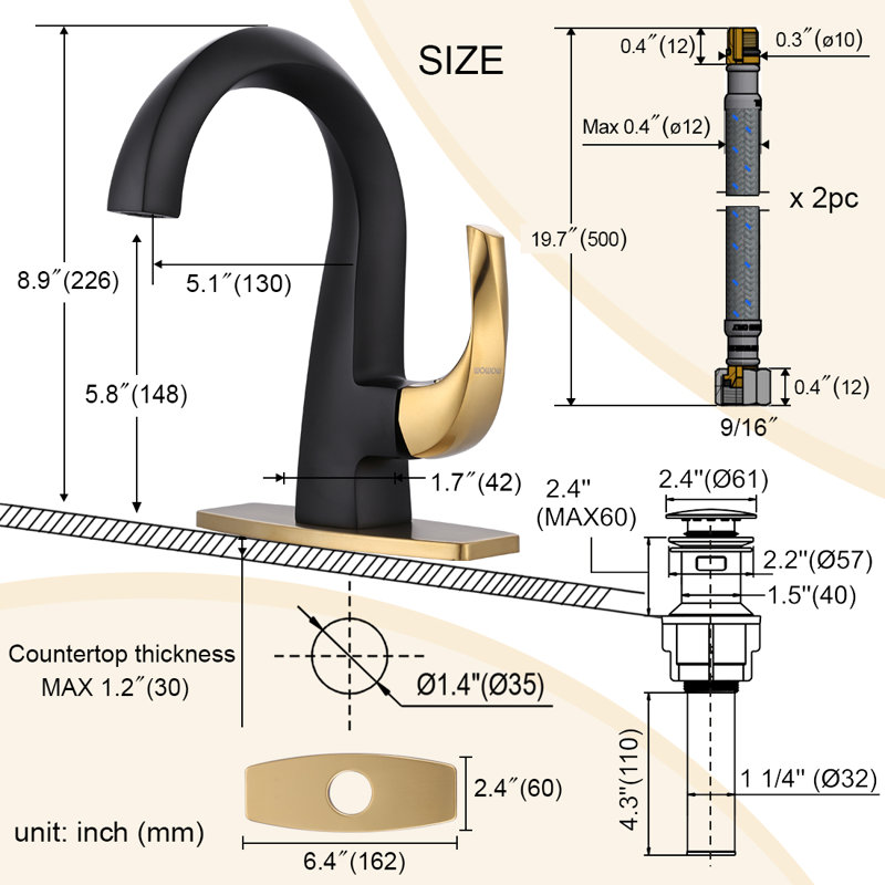 Single-Hole Single-handle Bathroom Faucet with Drain Assembly, Matte Black/Gold