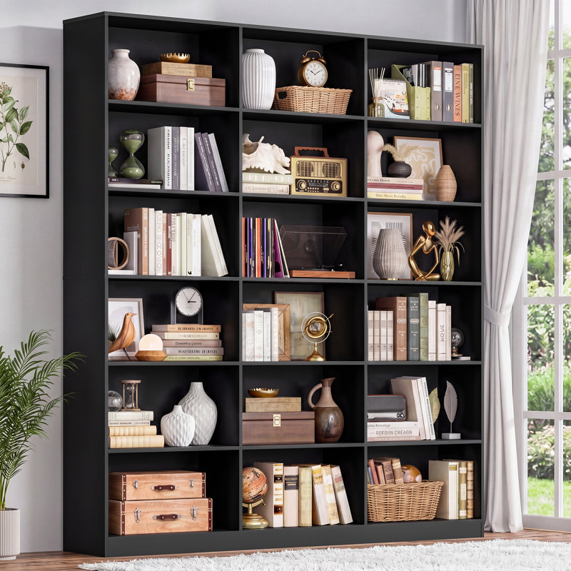 71.6" H |6 Tier Triple Wide Bookshelf Black Bookcase with 18 Open Display Shelves for Living Room Home Office Library, Black