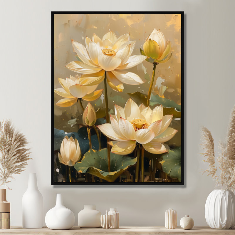 «White Green Blooming Lotus Gardens I», impression d'art mural Lotus, H 12 po x l 20 po, Cadre flottant noir