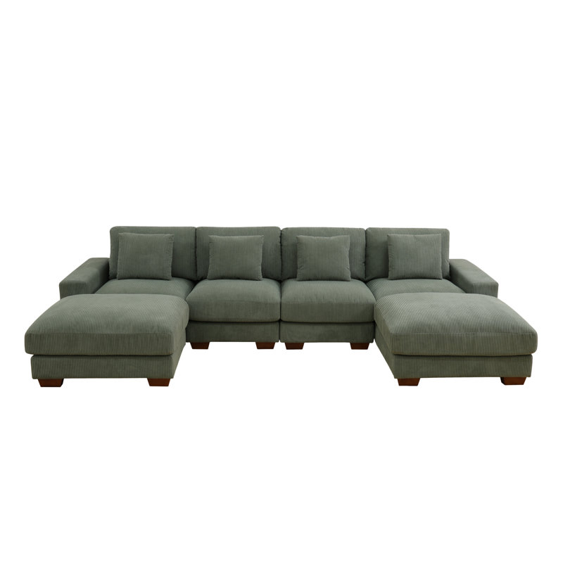 Sydnea 6-Piece 123" Wide Premium Corduroy Reversible Living Room Modular Sectional Sofa with Ottoman, Dark Green Corduroy