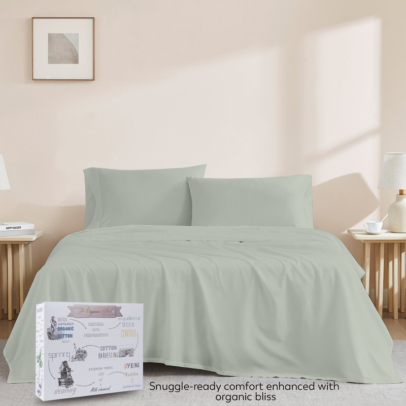 Sustainable 100% Organic Cotton Breathable & Lightweight Deep Pocket Sheet Set, King, Light Green
