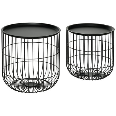 Nesting Coffee Tables, Round Coffee Table Set Of 2 With Steel Wired Basket Body And Removable Top, Stacking End Tables Blanket Storage For Living Room