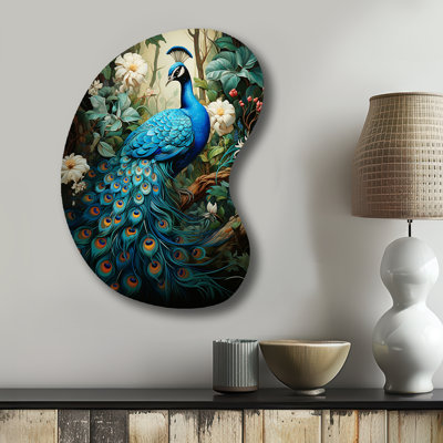 Teal Peacock Monochrome - Unique Shape Peacock Metal Wall Decor, Asymmetrical Metal Wall Sculpture Print