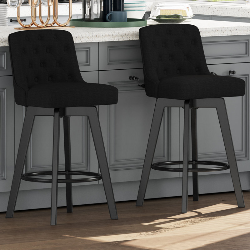Ensemble de 2 tabourets de bar pivotants à hauteur de comptoir de 30 pouces avec dossier bas et repose-pieds capitonnés Minceta, tissu performant pour îlot de cuisine noir