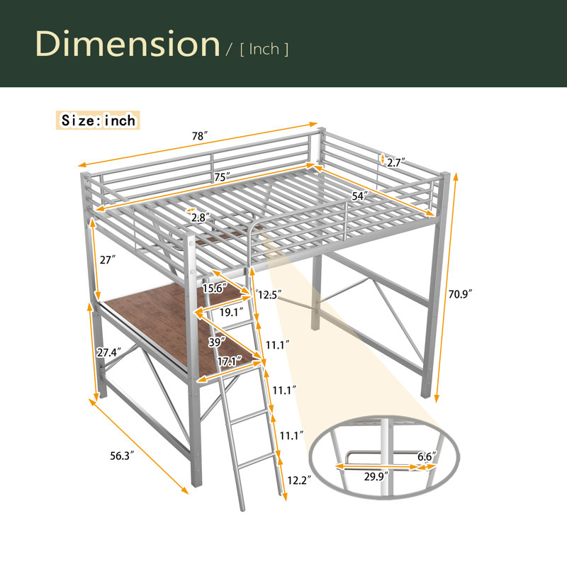 Lit mezzanine double en métal avec bureau et tablette, Argent argent