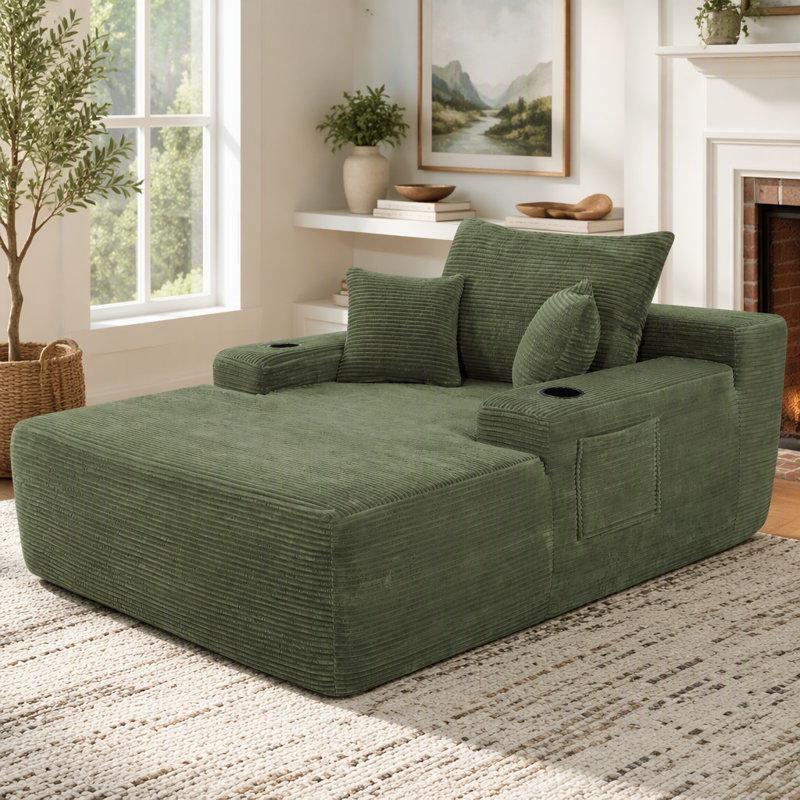 Chaise longue convertible avec porte-gobelet, rembourrage à ressort et velours côtelé, sans assemblage, vert, 75 lb