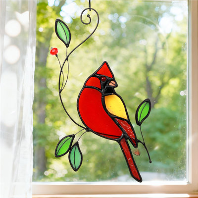 Décoration de vitrail Cardinal suspendu, cardinal rouge sur branche Suncatcher, ornement suspendu en verre véritable, oiseau fait à la main Home Decor