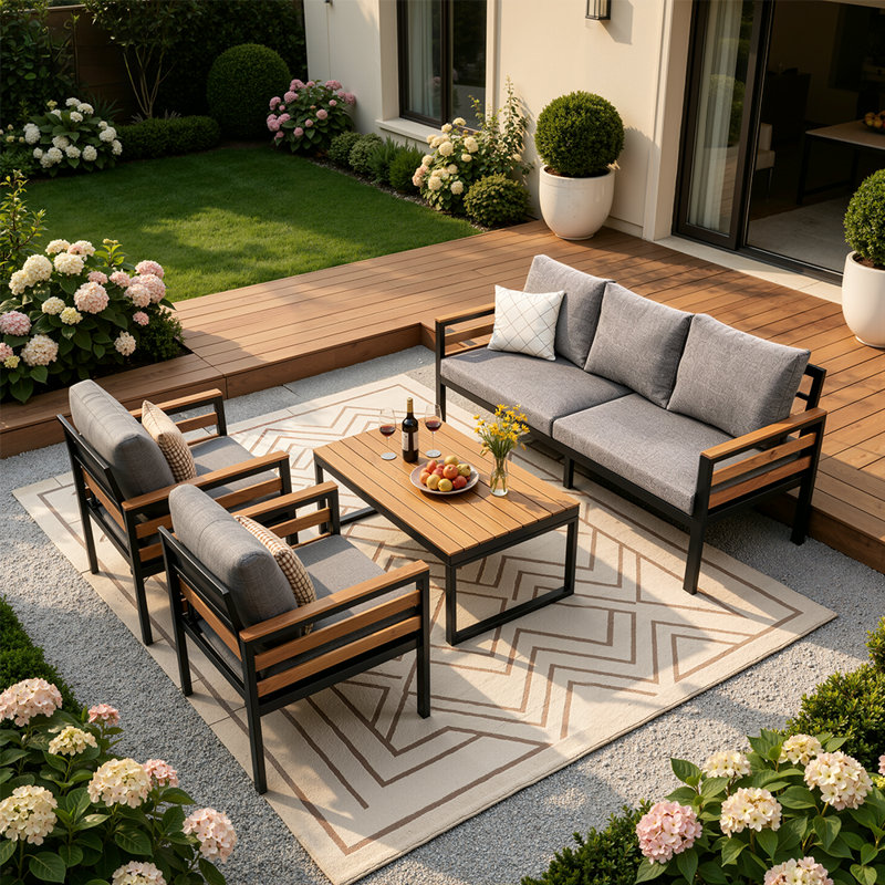 Ensemble de conversation de patio 4 pièces avec accoudoirs en bois d'acacia, ensemble de conversation à 5 places avec coussins et table basse