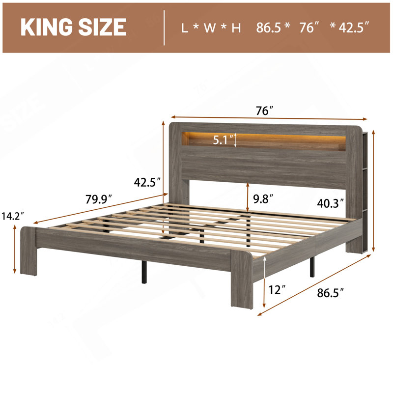 Cadre de lit très grand, cadre de lit plateforme en bois avec tête de lit à DEL avec rangement et 2 ports USB, silencieux, aucun sommier nécessaire et outil d'assemblage facile, grand rangement sous le lit, gris foncé
