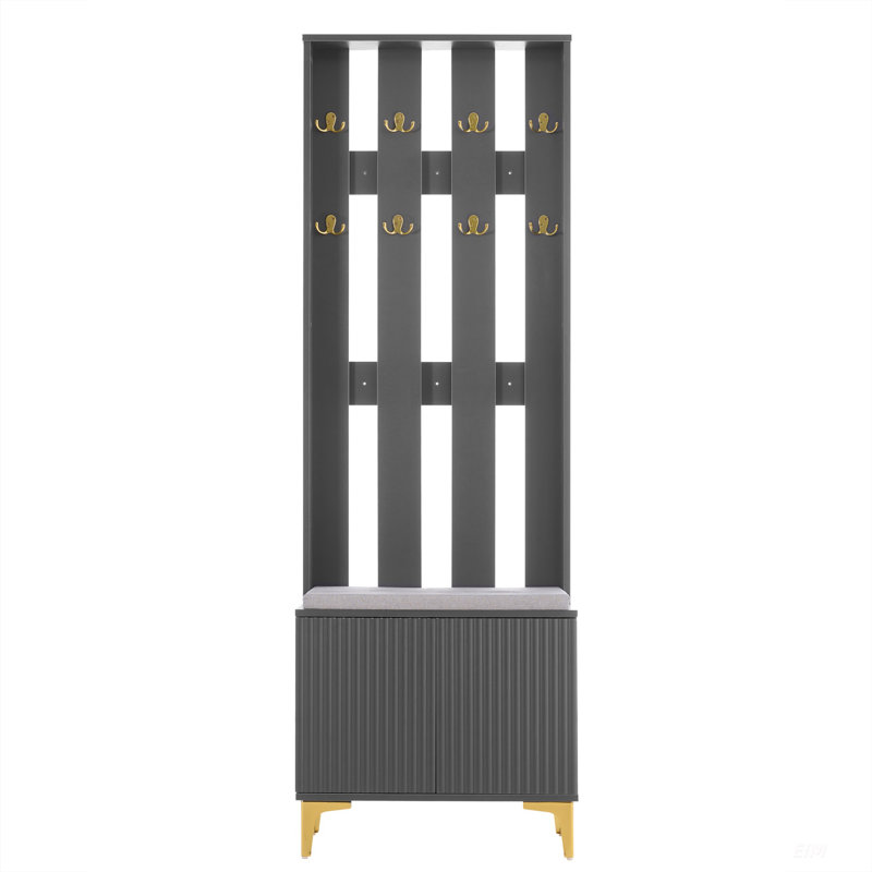Portemanteau moderne 4-en-1 avec coussin, portemanteau polyvalent avec 8 crochets et pieds dorés, banc d'entrée avec tablettes réglables et portes cannelées pour le couloir et le salon