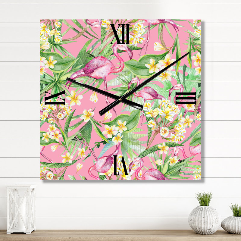 Horloge murale Fleurs avec flamant III, Moyen