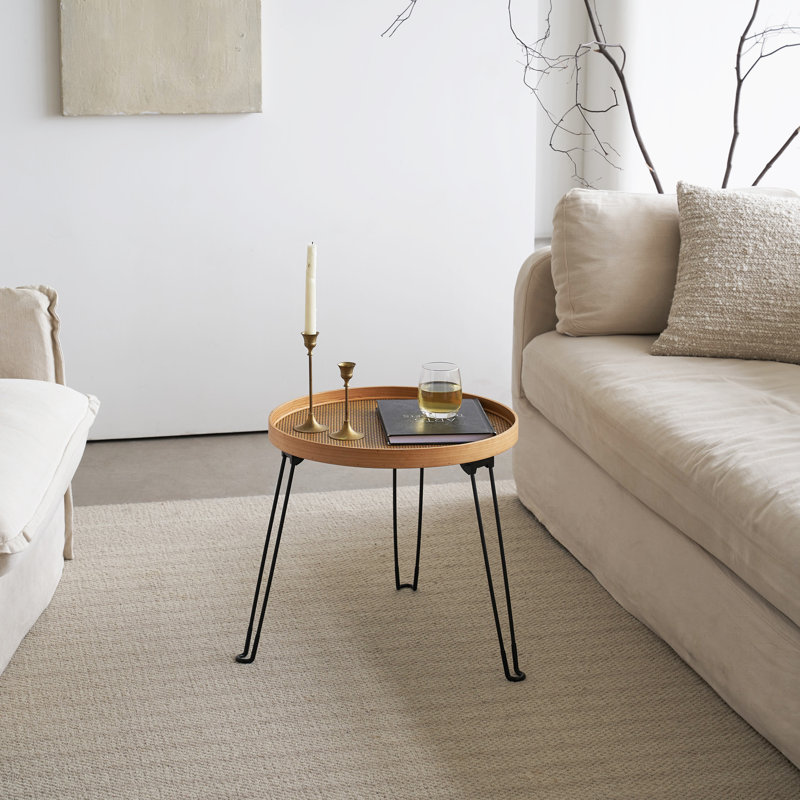 Table d'appoint ronde en bois et rotin, table pliable avec trépied en métal, plateau rond en rotin, style bohème, table basse chic, table d'appoint (hauteur 17,7 po, motif en tricot quadrillé)
