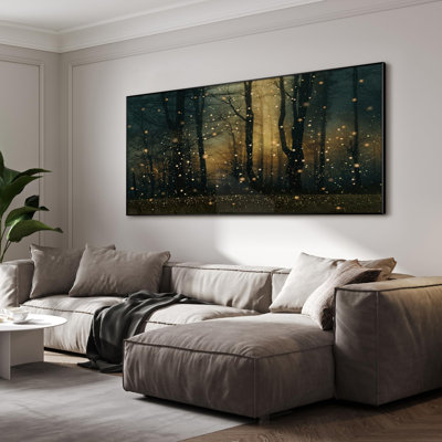 Très grand art mural encadré, forêt de lucioles magiques au crépuscule, scène de nature enchantée pour la maison, le salon, la décoration de la chambre à coucher (assemblage requis)