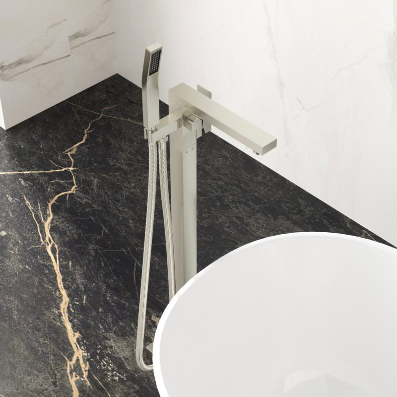 Floor Mounted Tub Filler Faucet In Brushed Nickel, Solid Copper Core, Precision Ceramic Disc Valves, 360 + 90 Spout Movement, - Splash Design Bathroom High Grade Brass, Water Mixing, Rotation, Easy