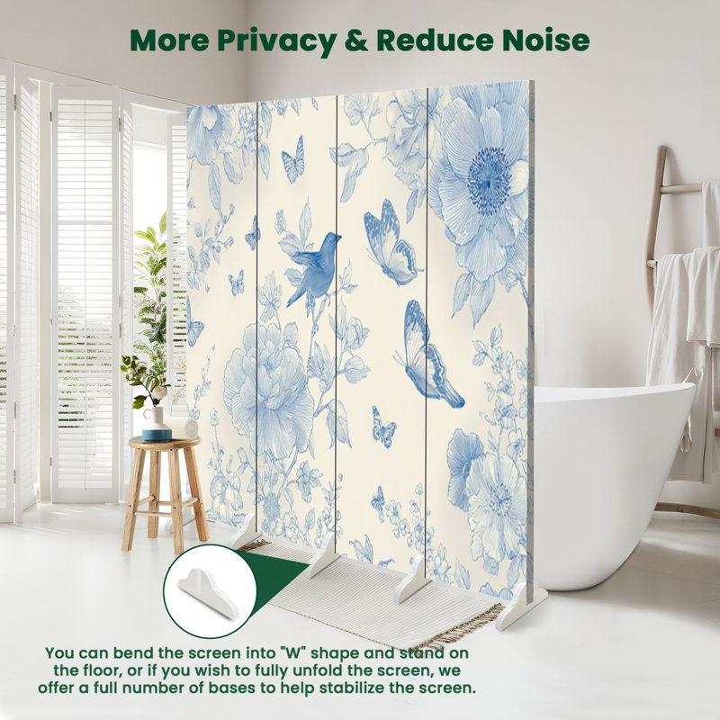 Paravent 4 panneaux à cloison pliable Royal Floral Vintage Boho bleu crème fleurs blanches Oiseaux Toile, 4