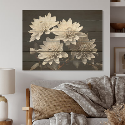 White Mums Bouquet Still Life - Mums Wood Art On Natural Pine Wood
