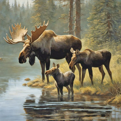«Moose Family» par Lake, art mural sur toile tendue